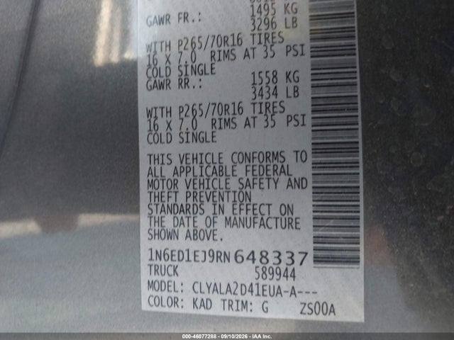 Продажа на аукционе авто 2024 Nissan Frontier S 4x2, vin: 1N6ED1EJ9RN648337, номер лота: 46077288
