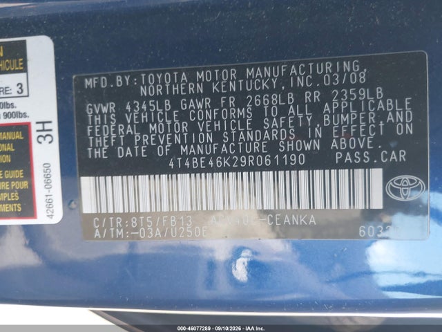 46077289 :رقم المزاد ، 4T4BE46K29R061190 vin ، 2009 Toyota Camry مزاد بيع