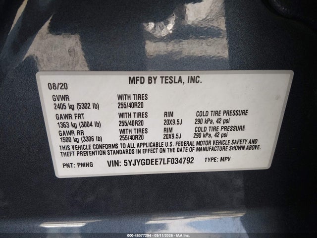 Aukcja sprzedaży 2020 Tesla Model Y Long Range Dual Motor All-wheel Drive, vin: 5YJYGDEE7LF034792, numer aukcji: 46077294