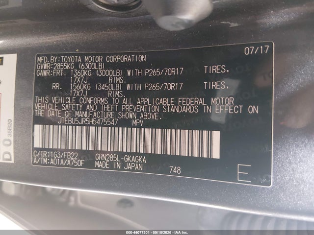 Toyota 4RUNNER SR5 2017 JTEBU5JR5H5475547 Image 9