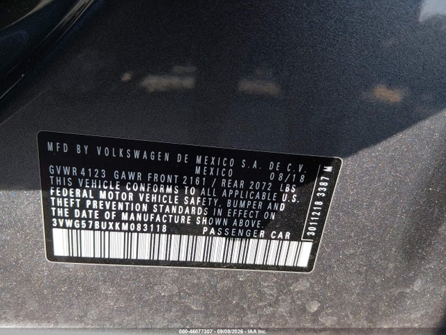 46077307 :رقم المزاد ، 3VWG57BUXKM083118 vin ، 2019 Volkswagen Jetta 1.4t Sel Premium مزاد بيع