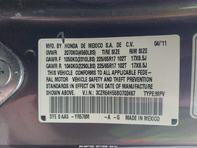 46077308 :رقم المزاد ، 3CZRE4H55BG702467 vin ، 2011 Honda Cr-v Ex مزاد بيع