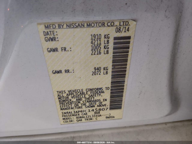 Aukcja sprzedaży 2015 Nissan Altima 2.5 Sv, vin: 1N4AL3AP4FC145807, numer aukcji: 46077314