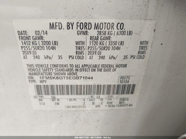 46077328 :رقم المزاد ، 1FM5K8GT5EGB71044 vin ، 2014 Ford Explorer Sport مزاد بيع