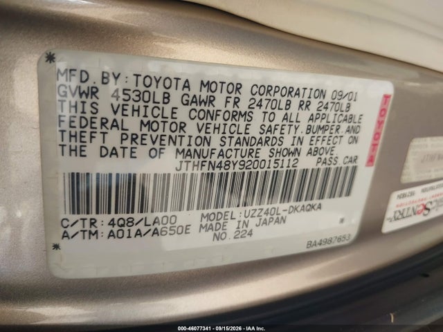 Продаж на аукціоні авто 2002 Lexus Sc 430, vin: JTHFN48Y920015112, номер лоту: 46077341