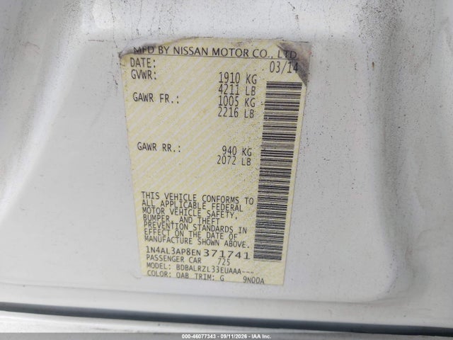 2014 Nissan Altima 2.5 S მანქანა იყიდება აუქციონზე, vin: 1N4AL3AP8EN371741, აუქციონის ნომერი: 46077343