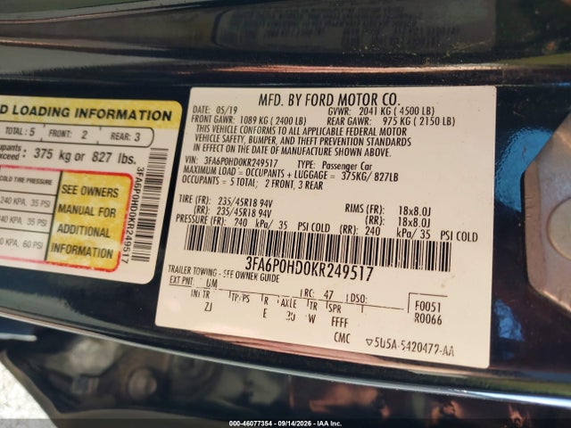46077354 :رقم المزاد ، 3FA6P0HD0KR249517 vin ، 2019 Ford Fusion Se مزاد بيع