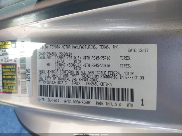 2018 Toyota Tacoma Sr მანქანა იყიდება აუქციონზე, vin: 5TFRX5GN3JX107313, აუქციონის ნომერი: 46077357
