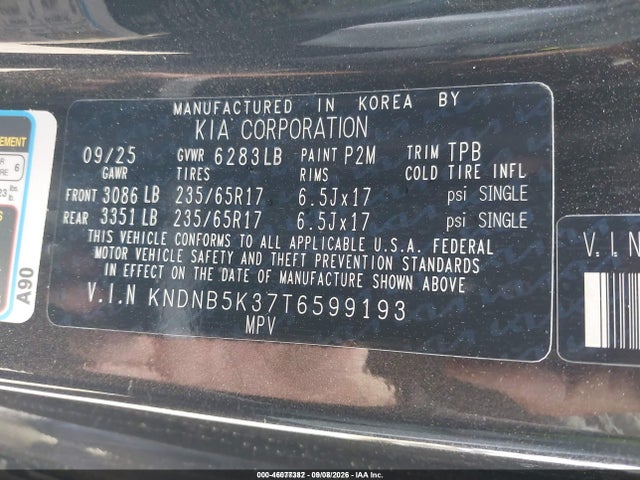 2026 Kia Carnival Mpv Lxs მანქანა იყიდება აუქციონზე, vin: KNDNB5K37T6599193, აუქციონის ნომერი: 46077382