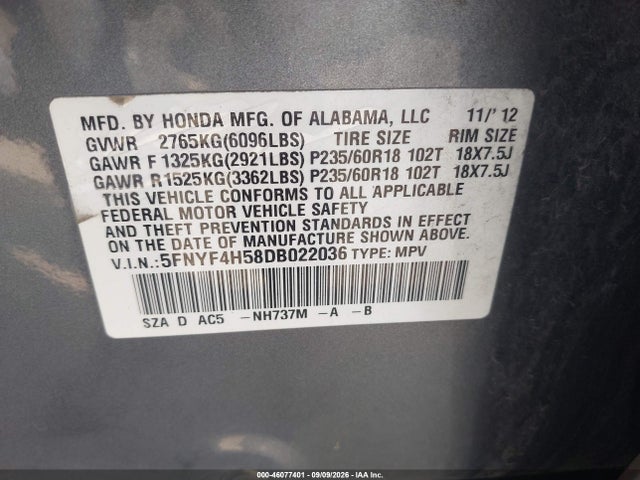2013 Honda Pilot Ex-l მანქანა იყიდება აუქციონზე, vin: 5FNYF4H58DB022036, აუქციონის ნომერი: 46077401