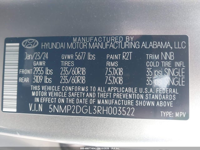 46077404 :رقم المزاد ، 5NMP2DGL3RH003522 vin ، 2024 Hyundai Santa Fe Sel مزاد بيع