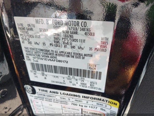 Продажа на аукционе авто 2010 Ford F-150 Fx4/harley-davidson/king Ranch/lariat/platinum/xl/xlt, vin: 1FTFW1EV6AFD80172, номер лота: 46077407