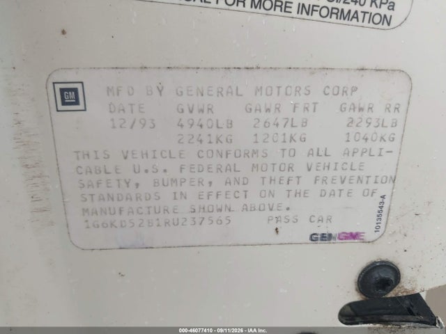 Aukcja sprzedaży 1994 Cadillac Deville, vin: 1G6KD52B1RU237565, numer aukcji: 46077410