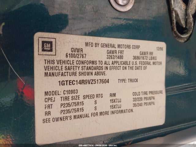 Продаж на аукціоні авто 1997 Gmc Sierra 1500 Sl Wideside, vin: 1GTEC14R9VZ517604, номер лоту: 46077414