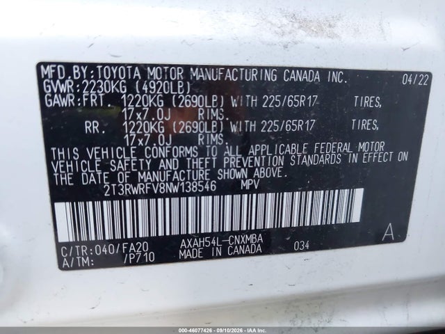 2T3RWRFV8NW138546 Toyota Rav4 Hybrid Xle