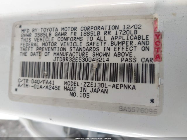 2003 Toyota Corolla Le მანქანა იყიდება აუქციონზე, vin: JTDBR32E530043214, აუქციონის ნომერი: 46077428