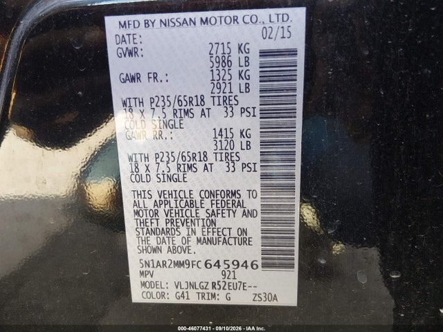 2015 Nissan Pathfinder Sl მანქანა იყიდება აუქციონზე, vin: 5N1AR2MM9FC645946, აუქციონის ნომერი: 46077431