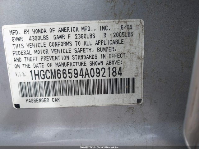 Продажа на аукционе авто 2004 Honda Accord 3.0 Ex, vin: 1HGCM66594A092184, номер лота: 46077432