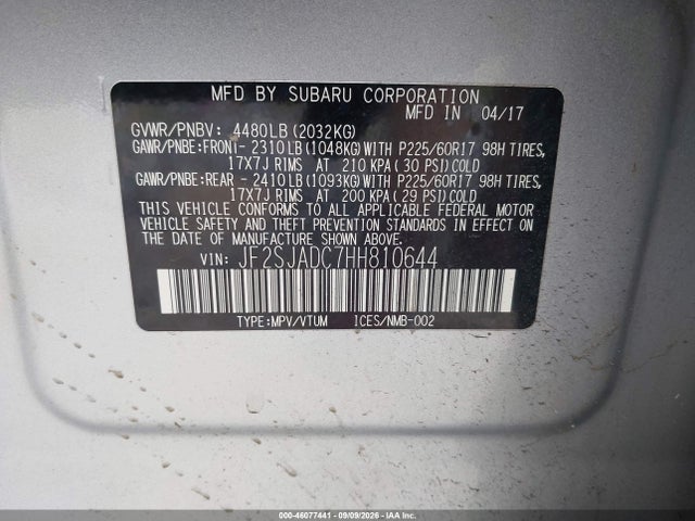 2017 Subaru Forester 2.5i Premium მანქანა იყიდება აუქციონზე, vin: JF2SJADC7HH810644, აუქციონის ნომერი: 46077441