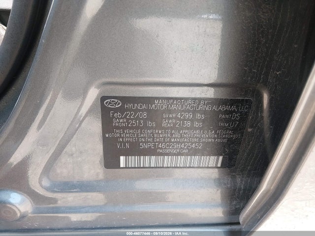 Aukcja sprzedaży 2009 Hyundai Sonata Gls, vin: 5NPET46C29H425452, numer aukcji: 46077446