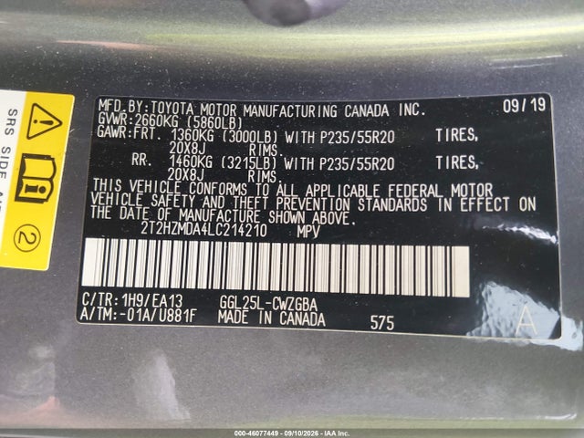 46077449 :رقم المزاد ، 2T2HZMDA4LC214210 vin ، 2020 Lexus Rx 350 مزاد بيع