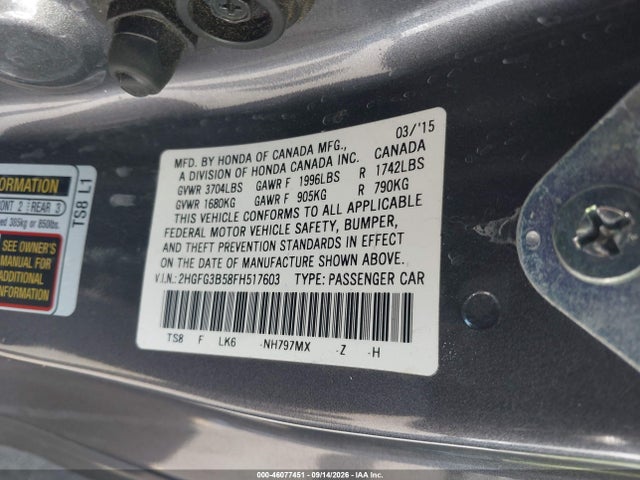 Honda Civic Lx 2015 2HGFG3B58FH517603 Image 9