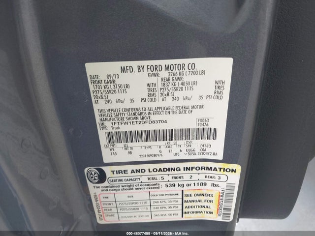 2013 Ford F-150 Platinum მანქანა იყიდება აუქციონზე, vin: 1FTFW1ET2DFD83704, აუქციონის ნომერი: 46077455