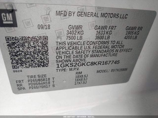 46077457 :رقم المزاد ، 1GKS2GKC8KR167745 vin ، 2019 Gmc Yukon Xl Slt مزاد بيع