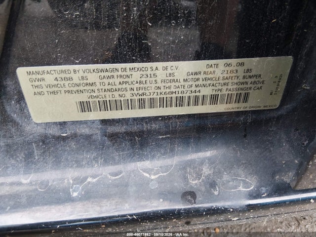 Продаж на аукціоні авто 2008 Volkswagen Jetta Wolfsburg Edition, vin: 3VWRJ71K68M187344, номер лоту: 46077462