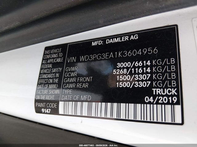 46077463 :رقم المزاد ، WD3PG3EA1K3604956 vin ، 2019 Mercedes-benz Metris مزاد بيع