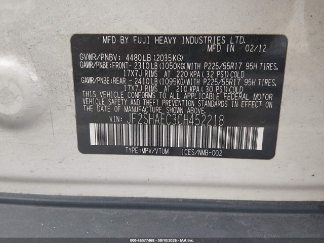Aukcja sprzedaży 2012 Subaru Forester 2.5x Limited, vin: JF2SHAEC3CH452218, numer aukcji: 46077468