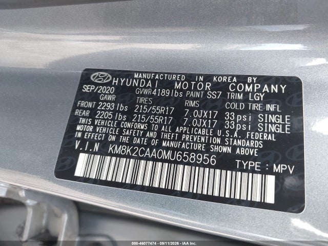 2021 Hyundai Kona Sel მანქანა იყიდება აუქციონზე, vin: KM8K2CAA0MU658956, აუქციონის ნომერი: 46077474