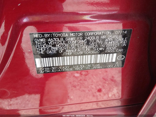 Продажа на аукционе авто 2015 Lexus Is 250, vin: JTHBF1D28F5043620, номер лота: 46077479