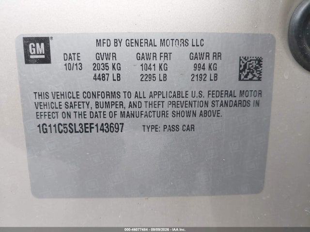 46077484 :رقم المزاد ، 1G11C5SL3EF143697 vin ، 2014 Chevrolet Malibu 1lt مزاد بيع