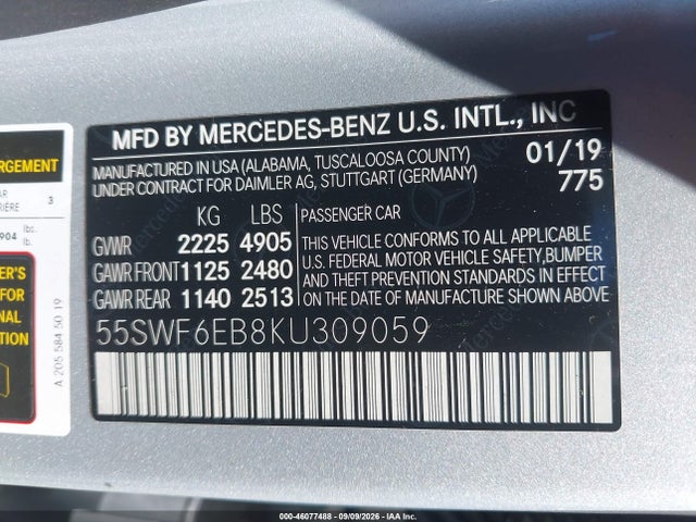 Продажа на аукционе авто 2019 Mercedes-benz Amg C 43 4matic, vin: 55SWF6EB8KU309059, номер лота: 46077488