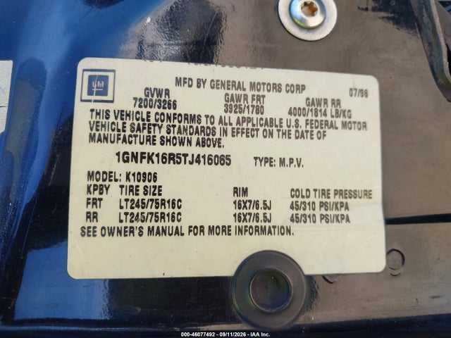 1996 Chevrolet Suburban K1500 მანქანა იყიდება აუქციონზე, vin: 1GNFK16R5TJ416065, აუქციონის ნომერი: 46077492