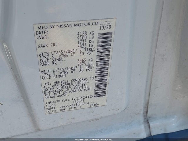 Продажа на аукционе авто 2020 Nissan Nv Cargo Nv2500 Hd Sv High Roof V8, vin: 1N6AF0LY3LN812000, номер лота: 46077507