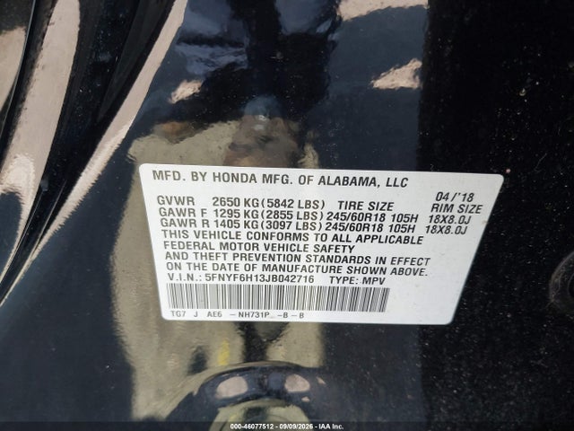 Продажа на аукционе авто 2018 Honda Pilot Lx, vin: 5FNYF6H13JB042716, номер лота: 46077512