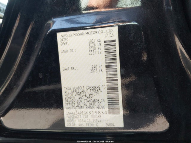 46077536 :رقم المزاد ، 1N4AL3AP1GN315854 vin ، 2016 Nissan Altima 2.5/2.5 S/2.5 Sl/2.5 Sr/2.5 Sv مزاد بيع