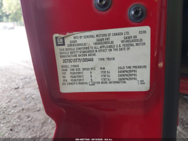 Aukcja sprzedaży 2005 Gmc Sierra 1500 Sle, vin: 2GTEC13T751305449, numer aukcji: 46077540