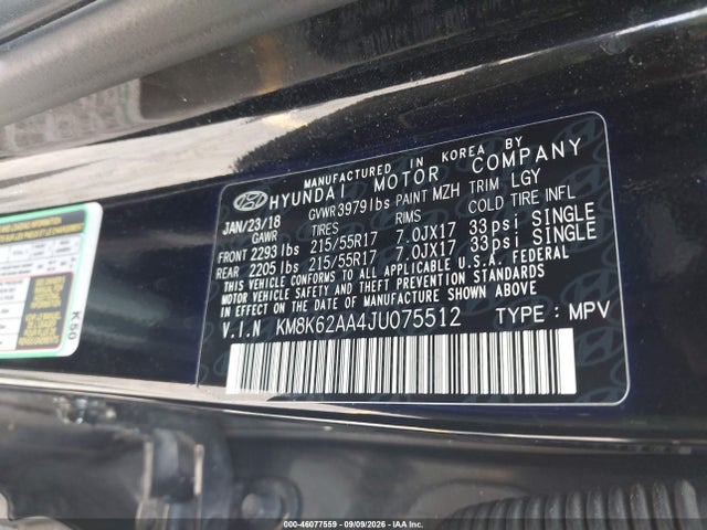 46077559 :رقم المزاد ، KM8K62AA4JU075512 vin ، 2018 Hyundai Kona Sel مزاد بيع