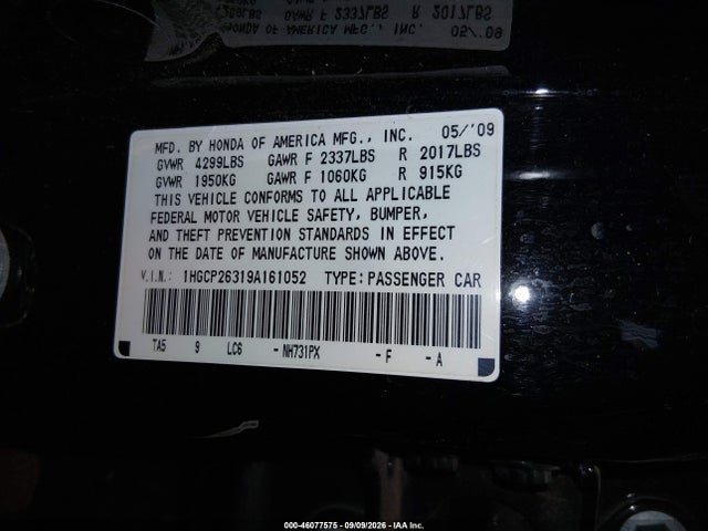46077575 :رقم المزاد ، 1HGCP26319A161052 vin ، 2009 Honda Accord 2.4 Lx مزاد بيع