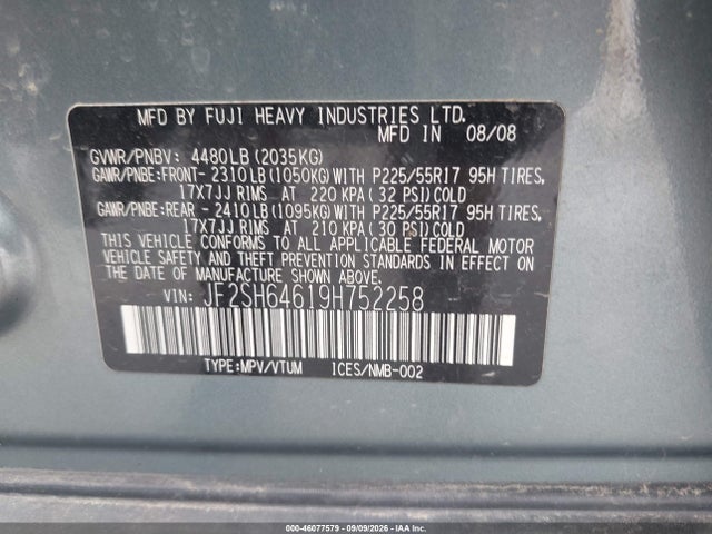 Продаж на аукціоні авто 2009 Subaru Forester 2.5x Limited, vin: JF2SH64619H752258, номер лоту: 46077579