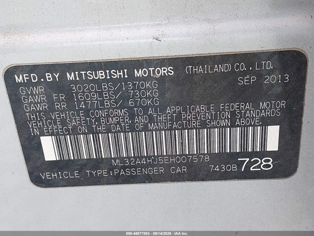 46077583 :رقم المزاد ، ML32A4HJ5EH007578 vin ، 2014 Mitsubishi Mirage Es مزاد بيع