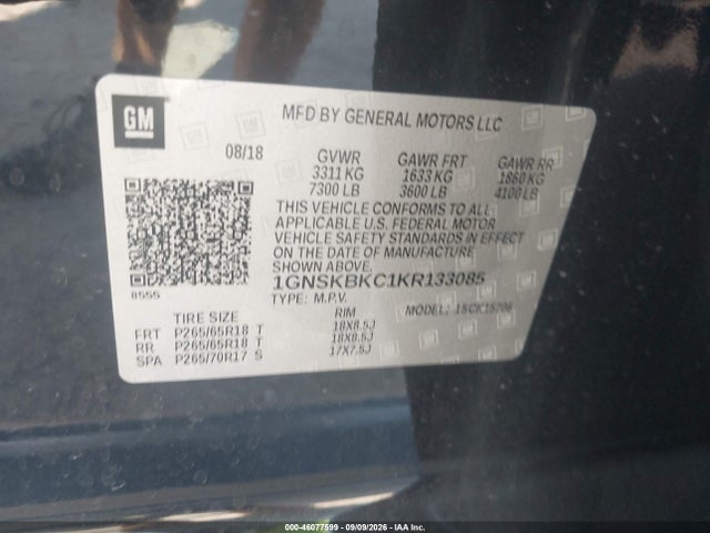 46077599 :رقم المزاد ، 1GNSKBKC1KR133085 vin ، 2019 Chevrolet Tahoe Lt مزاد بيع