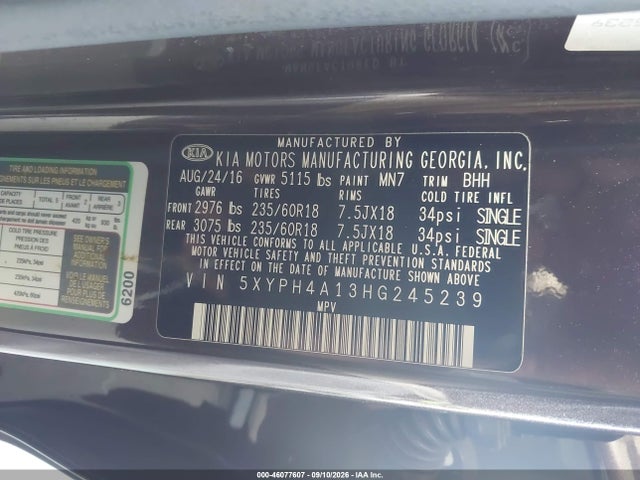 2017 Kia Sorento 2.0t Ex მანქანა იყიდება აუქციონზე, vin: 5XYPH4A13HG245239, აუქციონის ნომერი: 46077607