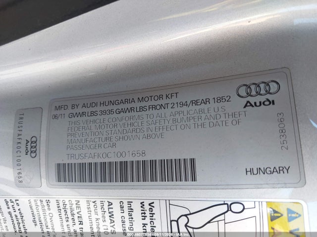 46077634 :رقم المزاد ، TRUSFAFK0C1001658 vin ، 2012 Audi Tt 2.0t Premium Plus مزاد بيع