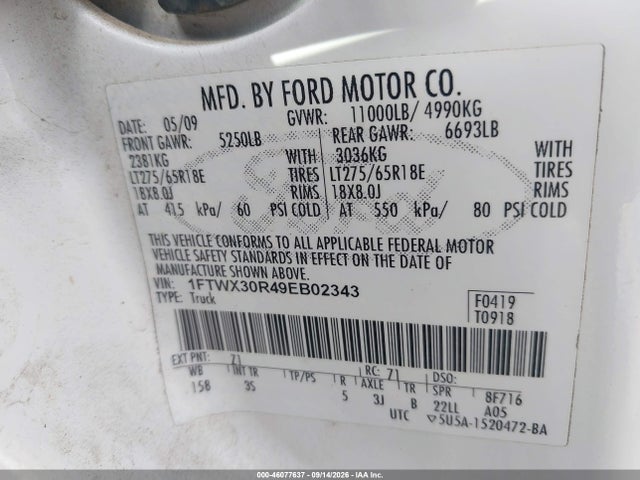 2009 Ford F-350 Lariat/xl/xlt მანქანა იყიდება აუქციონზე, vin: 1FTWX30R49EB02343, აუქციონის ნომერი: 46077637