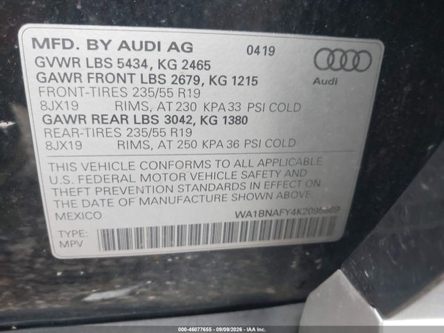 2019 Audi Q5 45 Premium მანქანა იყიდება აუქციონზე, vin: WA1BNAFY4K2095869, აუქციონის ნომერი: 46077655