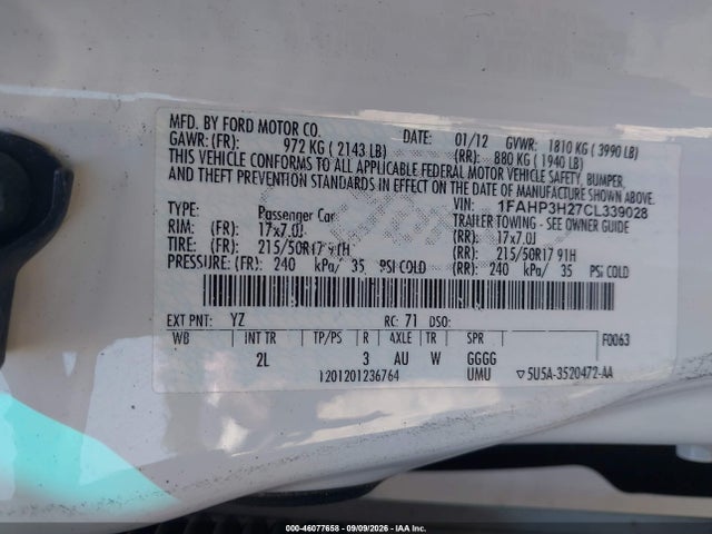 Продажа на аукционе авто 2012 Ford Focus Sel, vin: 1FAHP3H27CL339028, номер лота: 46077658